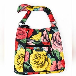 Vera Bradley Floral Rose Quilted Crossbody Bag Black Multi Purse Shoulder Bag